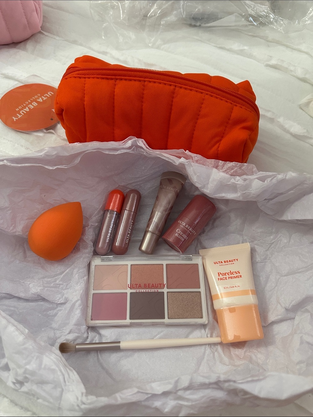 Ulta Beauty Orange Quilted Cosmetic Set with Primer & Palette